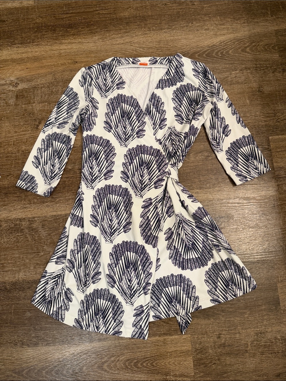White and Navy Shell-Print Wrap Mini Dress